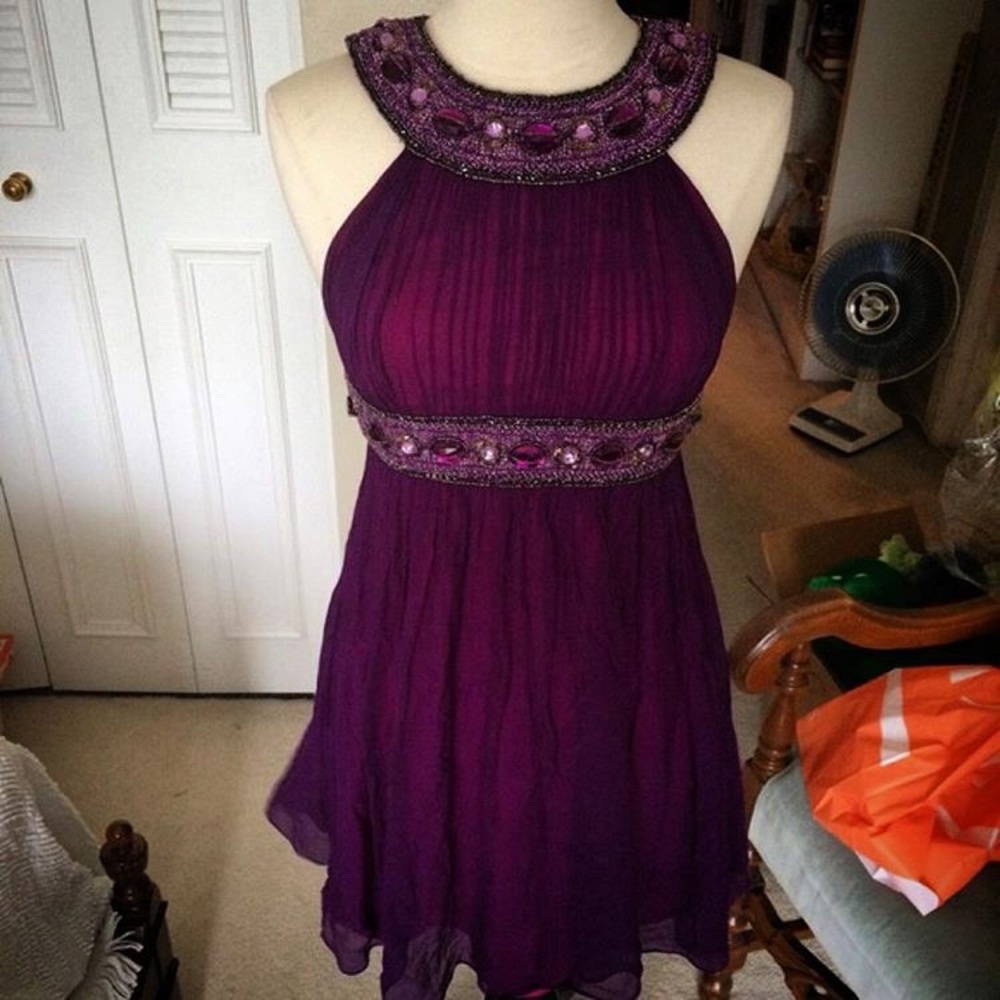 Cache purple and pink beaded chiffon dress